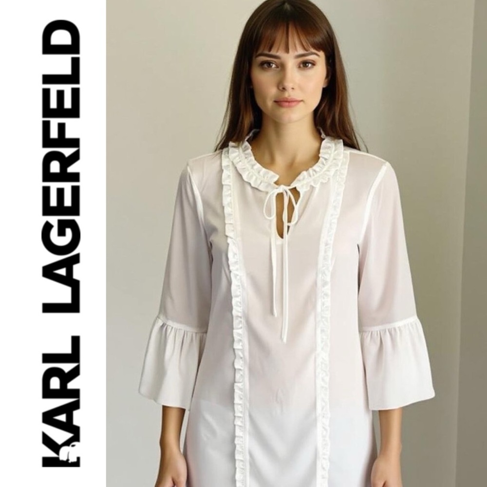 Karl Lagerfeld Paris Tie Neck 3/4 Bell Sleeve Ruffle Front Blouse in White